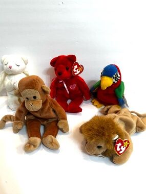 5 Classic Ty Beanie Babies Plush Toys VTG Bear Parrot Lion Monkey Stuffies